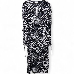 Topshop Women's Zebra Print Midi Dress US 8 Black White Long Sleeve Ruched NWT